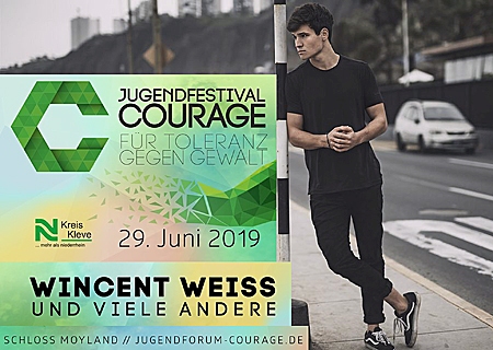 Er stand ganz oben auf der Wunschliste für das nächste Jugendfestival Courage. Wincent Weiss kommt und feiert mit allen Kids zum Motto "Für Toleranz und gegen Gewalt".