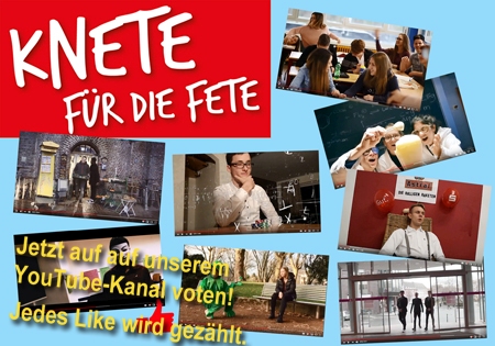 Acht Videos sind im Rennen bei Knete für die Fete. Ab sofort sind die Videos auf dem YouTube-Kanal der Sparkasse am Niederrhein zu sehen und zu bewerten. Bis einschließlich 21. Januar wird jedes Like gezählt, danach berät eine Fachjury und am 7. Februar werden die Gewinner im Rahmen einer Gala bekanntgegeben.