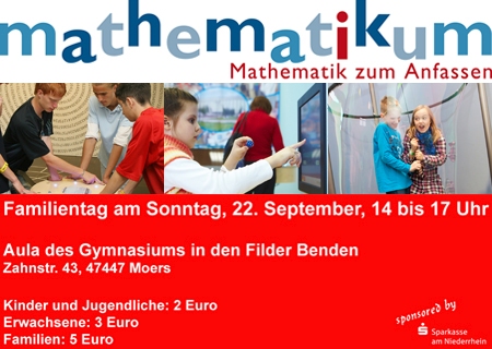 An rund 20 Stationen gibt es „Mathematik zum Anfassen“ für die ganze Familie. Die Sparkasse am Niederrhein unterstützte das Gymnasium in den Filder Benden dabei, die Wanderausstellung nach Moers zu holen.