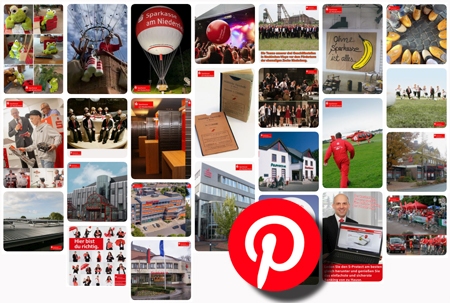 So sieht der Pinterest-Auftritt der Sparkasse am Niederrhein aus, wenn man die Pinnwand am PC betrachtet. Auf dem Smartphone sind je zwei Pins nebeneinander zu sehen, für weitere Bilder scrollt man einfach nach unten.