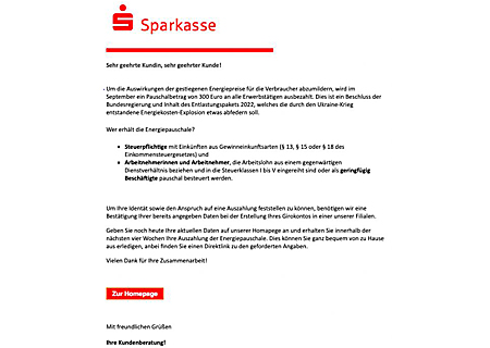 Mit solchen Schreiben versuchen Betrüger aktuell per E-Mail, an sensible Daten von Sparkassenkunden zu kommen.