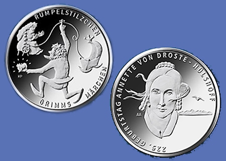 Die 20-Euro-Sondermünzen „Rumpelstilzchen“ und „Geburtstag Annette von Droste-Hülshoff“ sind ab Mittwoch, 30. März, in fast allen Geschäftsstellen der Sparkasse zu haben.