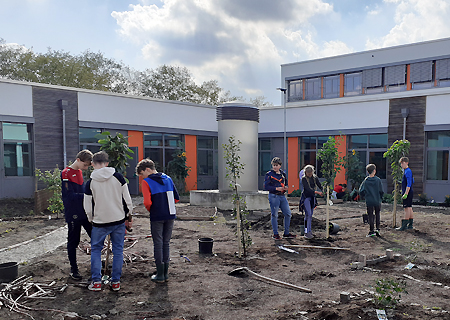 Das Julius-Stursberg-Gymnasium bekommt einen neuen Schulgarten. Das Bild zeigt Teilnehmer der Garten-AG beim Bepflanzen der Beete.