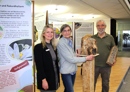 Geschäftsstellenleiterin Katrin Steffans (l.) mit Marion May-Hacker und Rudi Kram in der Ausstellung „Vielfalt im Garten“, die noch bis zum 28. Februar in der Kundenhalle der Sparkasse an der Poststraße zu sehen ist.