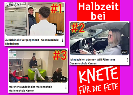 Halbzeit bei „Knete für die Fete“. Die Fotocollage zeigt Ausschnitte aus den Videos und die vorläufige Platzierung nach dem Voting. Nun erwarten die Schüler mit Spannung die Entscheidung der Jury.