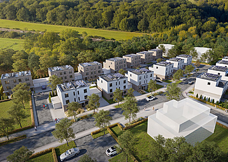 So soll es aussehen, wenn die 34 Doppelhaushälften im Quartier „Wohnen am Moersbach“ fertig sind.